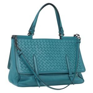 BOTTEGA VENETA INTRECCIATO Hand Bag Leather 2way Turquoise Blue Auth 158963